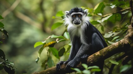 Fototapeta premium Black-and-white colobus monkey sitting on a tree branch