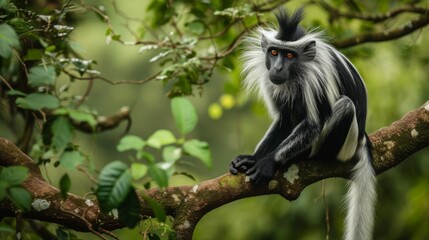 Obraz premium Black-and-white colobus monkey sitting on a tree branch