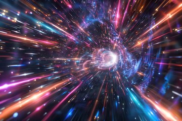 Light speed, hyperspace, space warp background. colorful streaks of light gathering towards the event horizon