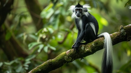 Fototapeta premium Black-and-white colobus monkey sitting on a tree branch