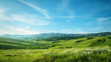 Obraz premium A peaceful countryside scene with rolling hills, green pastures dotted with wildflowers, and a clear blue sky with a few wispy clouds.