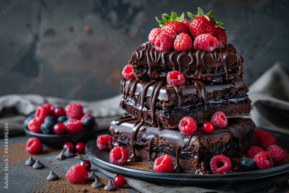 Poster stack of moist chocolate cake layers covered in glossy ganache and adorned with fresh berries