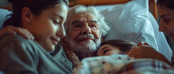 Obraz premium a patient with family members in a hospital room. patient sharing laughter with family members, healthcare and medical service, family bonding and family support in healthcare