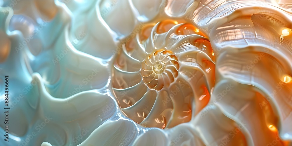 Poster closeup photo of nautilus shells spiral symmetry fibonacci pattern and colors. concept nature photog