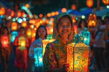 Obraz premium A Sea Of Light: Devotees Carry Lanterns In A Festive Evening Parade