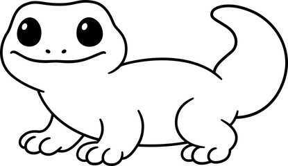 Cute Tokay Gecko black and white line art drawing, cartoon illustration. Funny little tropical lizard outline.