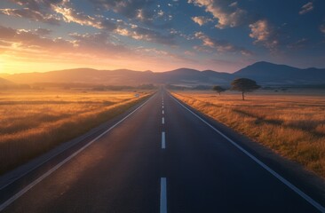 Fototapeta premium Tranquil Sunset over Empty Asphalt Highway with Mountains and Blue Sky