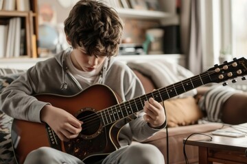 Fototapeta premium Close-up of a boy playing guitar in a living room, focused expression, natural light, photorealistic detail, young musician, cozy home setting, guitar practice, detailed scene