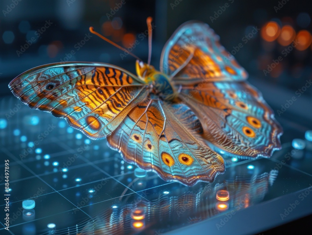 Sticker a stunning butterfly on a futuristic surface