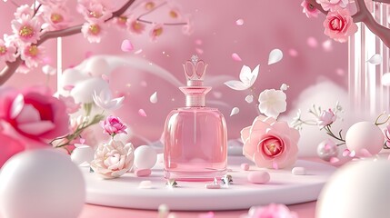 Elegant Perfume Bottle Amidst Soft Pink Flower Petals