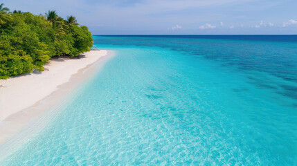 A pristine tropical beach with clear turquoise water, white sand, and lush greenery under a bright blue sky.