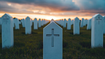 A serene sunset over a military cemetery with white headstones adorned with crosses, honoring fallen soldiers, reflecting a moment of solemn remembrance.