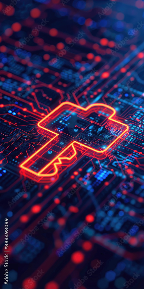 Poster glowing red key symbol over a digital circuit board background, representing cybersecurity, encrypti