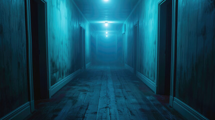 Dimly lit eerie corridor with a mysterious atmosphere, perfect for horror or suspense themed visuals. Blue lighting adds a creepy effect.