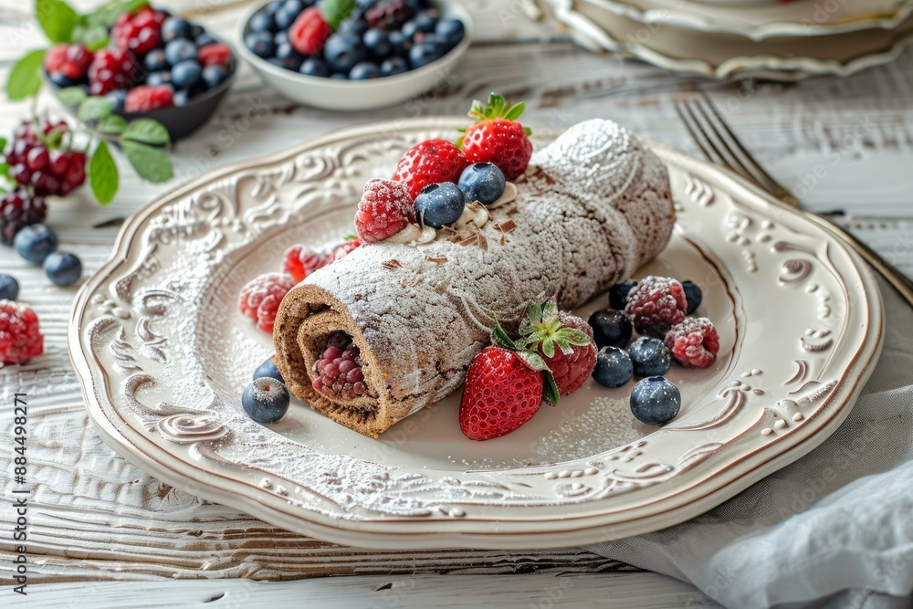 Sticker appetizing chocolate swiss roll garnished with ripe strawberries, blueberries, and raspberries