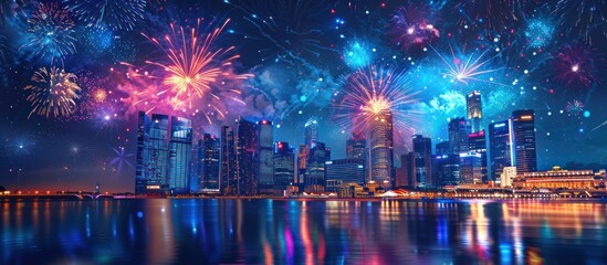 Nighttime Cityscape with Fireworks