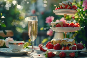 Fototapeta premium A Summer Afternoon Tea In The Garden With Champagne