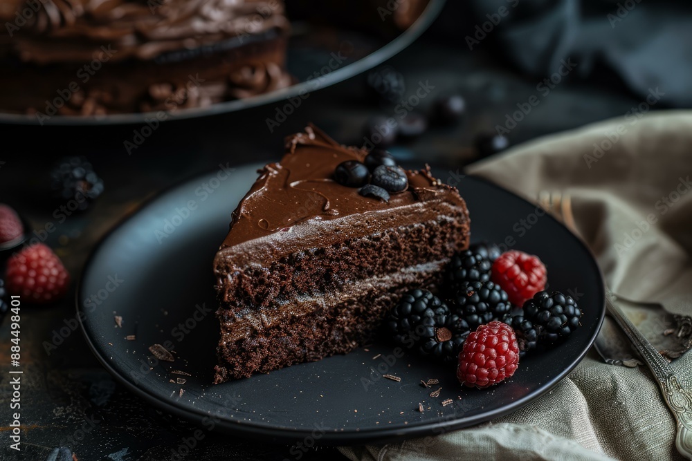 Poster Luxurious slice of chocolate cake garnished with ripe berries on a dark, moody background