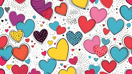 Cute and seamless love heart pattern illustration. Romantic colorful hearts background print. Valentine's day holiday background texture, romantic wedding design. watercolor, hand drawing, brush