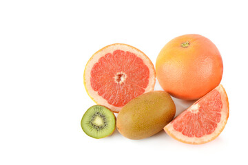Kiwi and Grapefruit fruits isolated on white. Free space for text.