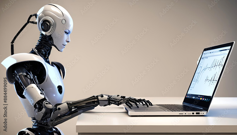 Poster humanoid robot working on a laptop in a modern office setting