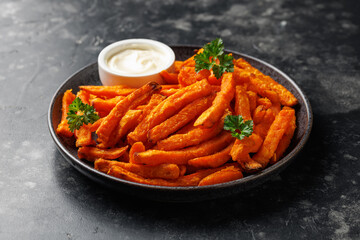 Homemade sweet potato fries with mayo, homemade roasted in the air fryer