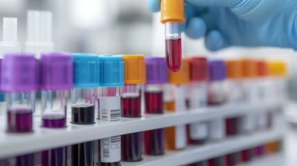 Doctor laboratory technician holding blood sample test tubes in a rack inside hospital lab