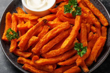 Homemade sweet potato fries with mayo, homemade roasted in the air fryer