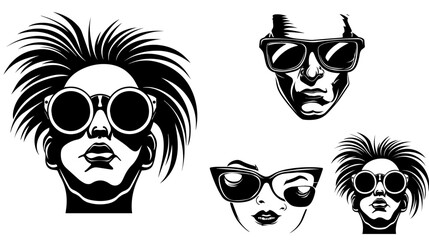 Sunglasses and woman,Men Facial Set,Uomo, donna, occhiali da sole,Female face in glasses, black on a white background,
 texture for design, seamless pattern, vector illustration
