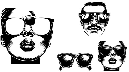 Sunglasses men and woman,Men Facial Set,Uomo, donna, occhiali da sole,Female face in glasses, black on a white background,
 texture for design, seamless pattern, vector illustration

