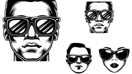 Sunglasses men and woman,Men Facial Set,Uomo, donna, occhiali da sole,Female face in glasses, black on a white background,
 texture for design, seamless pattern, vector illustration

