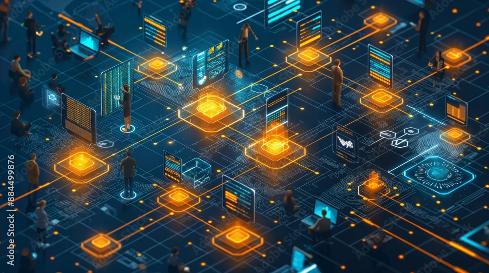 Poster people interacting with virtual data displays and connections, depicting a futuristic tech network.