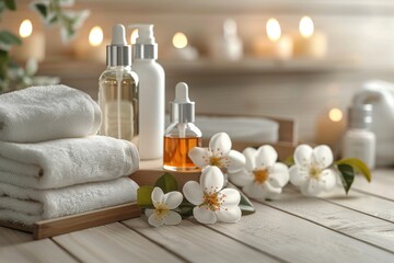 Relaxing spa setting with essential oils, white towels, and flowers on a wooden table, illuminated by soft candlelight, creating a serene ambiance.