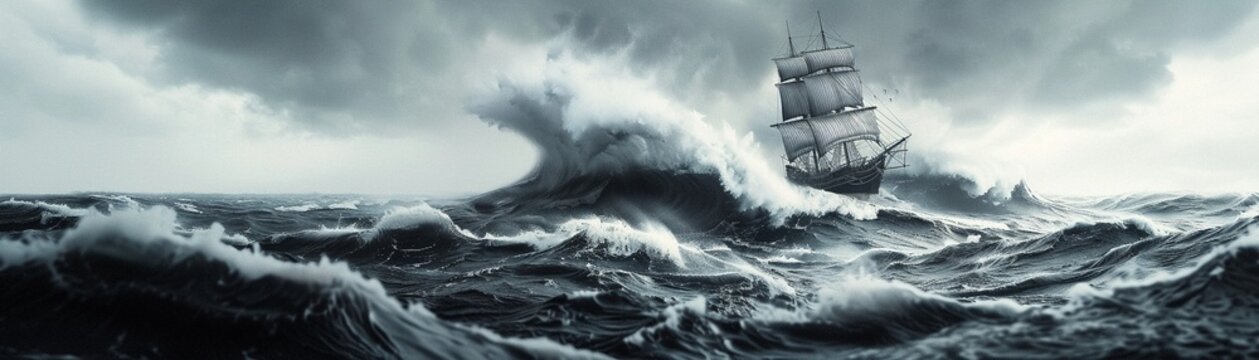 Oldfashioned galleon in a storm, battling high waves, 17th century, dark tones, digital painting, intense seafaring scene