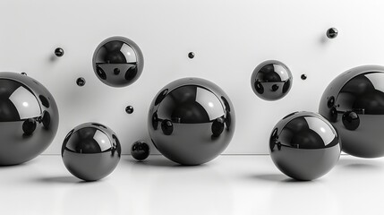   A cluster of black spheres resting atop a white surface adjacent to a white background