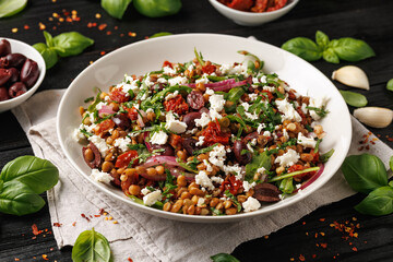 Lentil and Goats Cheese Salad with olives, onion, sun dried tomatoes and arugula. Healthy food