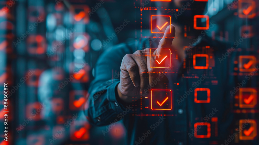 Wall mural digital checklist concept. a person interacting with a digital checklist featuring neon check marks 