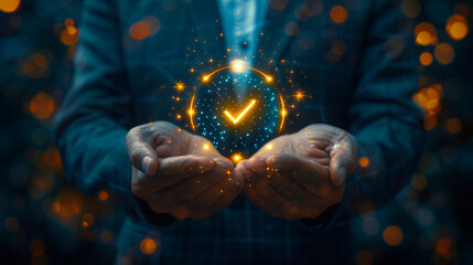 Fototapeta premium Hands Holding a Glowing Check Mark Symbol. A person in a suit holding a glowing check mark symbol surrounded by golden sparkles, representing approval and success in a magical, starry atmosphere.