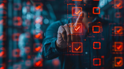 Digital Checklist Concept. A person interacting with a digital checklist featuring neon check marks on a futuristic interface, highlighting tasks and goals in a technologically advanced setting.