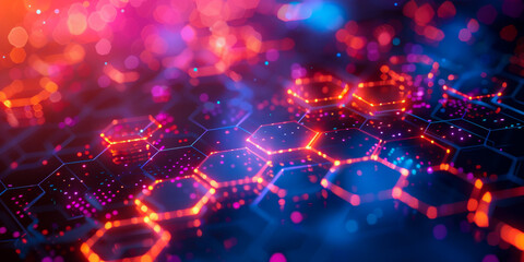 Obraz premium Abstract Hexagonal Pattern with Neon Lights. A sleek and vibrant abstract image featuring overlapping hexagonal patterns illuminated by neon lights, creating a futuristic and dynamic visual effect.