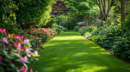 A lush green botanical garden with blooming spring flowers and a lawn path