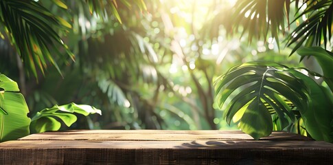 A wooden scene illuminated by sunlight in a tropical forest, complemented by a blurred background. Ideal for business brochures and nature-focused advertisements.