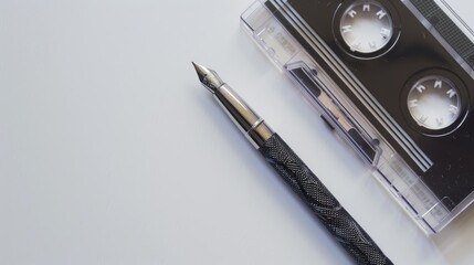 A pen next to a cassette tape on a white background representing nostalgia from the 1990s