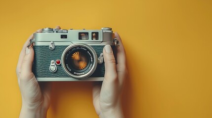 Hand holding a retro camera on a yellow background with copy space for text, World Photography Day concept