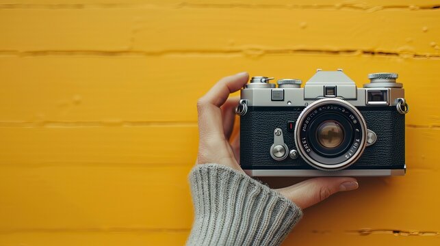 Hand holding a retro camera on a yellow background with copy space for text, World Photography Day concept