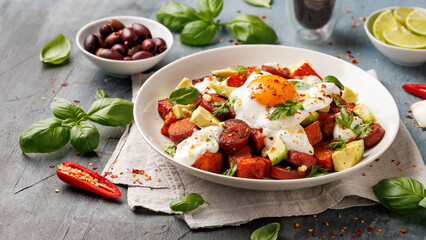 Sweet Potato and Chorizo Hash with egg, avocado and herbs.