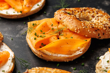 Vegan smoked salmon bagel with cream cheese. Healthy food concept