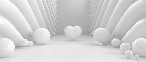 A white room with a heart and many white balls