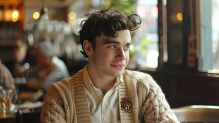 Fototapeta premium young man in a noisy cafe wearing a vintage wool cardigan over a modern shirt,