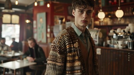 young man in a noisy cafe wearing a vintage wool cardigan over a modern shirt,
